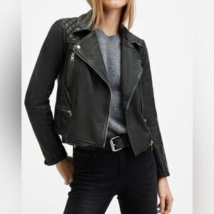 NWT ALL SAINTS | Black Cargo Distressed Leather Biker Jacket XS 2
